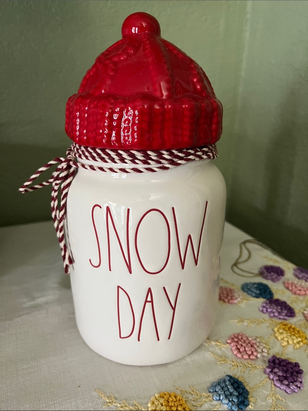 Rae Dunn “Snow Day” Ceramic Canister – Red Hat Lid